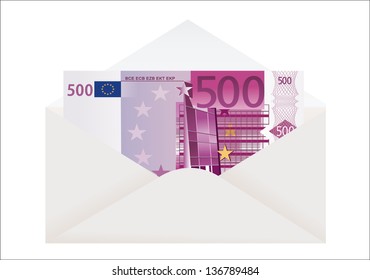 Open envelope with 500 euro on a white background