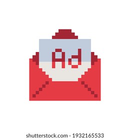 Open envelope, Ad. Web site icon. Video game sprite. Design for sticker, logo, web, mobile app. Pixel art 8-bit style. Isolated vector illustration. 