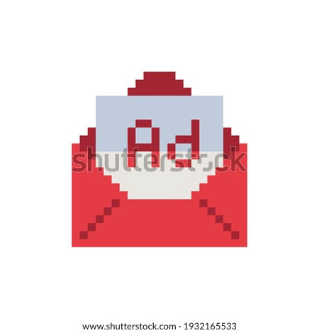 Open envelope, Ad. Web site icon. Video game sprite. Design for sticker, logo, web, mobile app. Pixel art 8-bit style. Isolated vector illustration. 