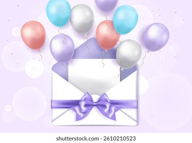 Open envelope with blank card and balloons flying out, suitable for greeting cards, birthdays, sales, light purple background