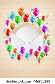 open envelope with with blank card and balloons