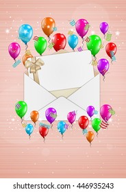 open envelope with with blank card and balloons