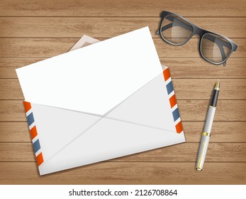 Open Envelope With Blank Letter For Text. Paper Template Is On The Wooden Table. Top View. Vector Illustration