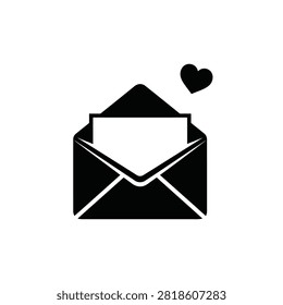 Open envelope with blank paper and heart symbol on a white background