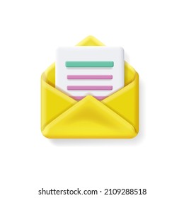Open envelope with blank paper. Yellow mail newsletter icon. Email sign vector 3d.