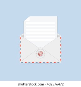 Open envelope with blank white sheet on blue background. Correspondence, personal communication, email and spam concept design. Vector illustration.