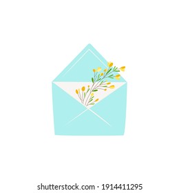 offener Umschlag mit einem blühenden Zweig. Gestaltung von Nachrichten in sozialen Netzwerken, Aufklebern, Postkarten. Frühlingsminimalistische Kunst für den 8. März. Vektorgrafik.