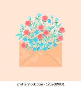 Open envelope with a bouquet of flowers. Vector greeting card on a beige background in flat style. The concept of love and mail greetings.