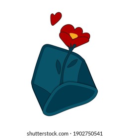 Open envelope with bright red flower and a dewdrop.Vector cartoon isolated illustration on white background.