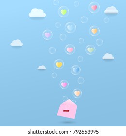 The open envelope with bubbles of heart shape floating out to the cloud sky. Vector illustration design with concept of happy Valentines day,  that use for background, card, website, presentation and