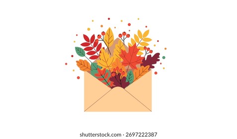 An open envelope bursting with vibrant autumn leaves and berries, surrounded by colorful dots, symbolizing fall greetings and seasonal cheer.