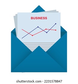 Abrir sobre con documento de carta de negocios aislado en fondo blanco. Ilustración vectorial. EPS 10.