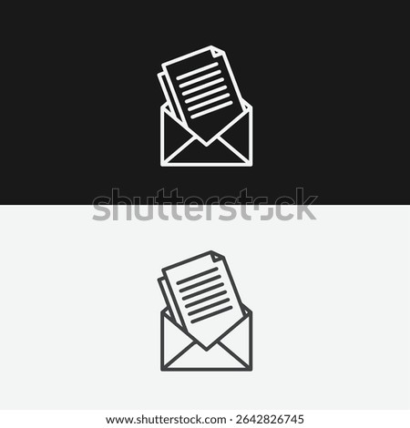 Open Envelope with Business Letter or Document on Black and White Backgrounds, Representing Mail or Unread Messages, White Outline Icon