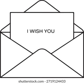 Open Envelope with Card Displaying " IWISHYOU" Text in Black Outline letter message