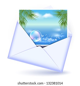 Open envelope and card with image palm and ocean