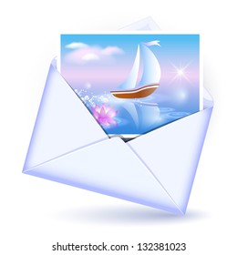 Open envelope and card with image sailboat
