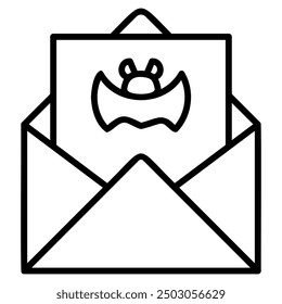 An open envelope with a card inside depicting a simple silhouette of a bat. This suggests a Halloween greeting card or message.