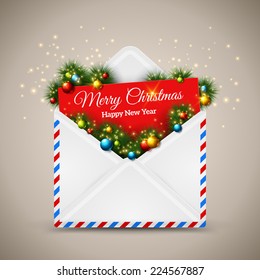 Open envelope and card Merry Christmas with fir tree branches. Vector illustration