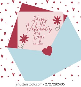 Tarjeta abierta del sobre en el fondo rojo de los corazones, varios corazones rojos para el mensaje romántico del amor en sobre. Composición plana. Ilustración vectorial.