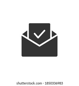 Open envelope check mark icon. Email black outline with confirm document silhouette. Message symbol with approve sign. Vector illustration isolated on white. Business communication concept.