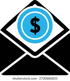 Un sobre abierto con una moneda que muestra un signo de dólar en el interior
