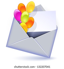 Open envelope with colorful balloons and letter