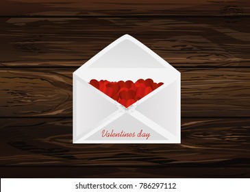 Open envelope completed red hearts. Valentine's Day. Love inside. Vector illustration. Greeting card on wooden background.
