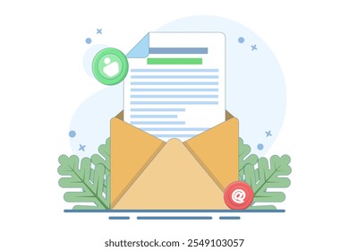 Concepto de sobre abierto con carta, ilustración plana de marketing por correo electrónico, estrategia de negocios en línea, publicidad, boletín de correo electrónico, envío de mensajes, materiales de marketing. Ilustración vectorial plana en bac