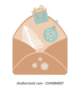 An open envelope for congratulations on the New Year and Christmas, with a gift, a New Year's toy ball and snowflakes, hand-drawn in a simple modern style, vector illustration, isolate on a white back