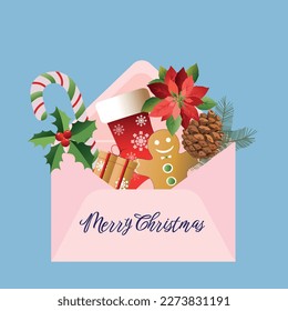 An open envelope for congratulations on the New Year and Christmas with a gift, a gingerbread man, a cone, a candy, flowers. New Year attributes. Flat vector illustration.