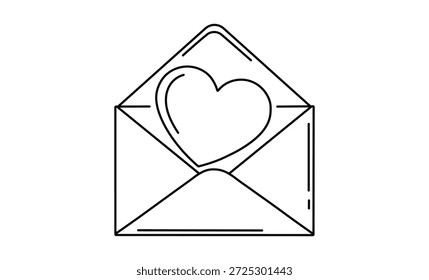 Sobre abierto que contiene una delicada forma de corazón dentro de líneas negras claras curvas suaves Imagen gráfica de Vector