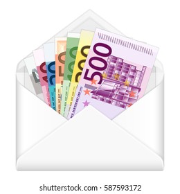 Open envelope containing euro banknotes on a white background. Vector illustration.