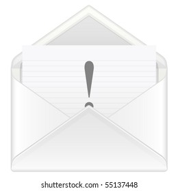 Open envelope containing exclamation mark symbol on a white background. Vector illustration.