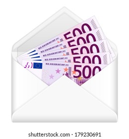 Open envelope containing five hundred euro banknotes on a white background. Vector illustration.