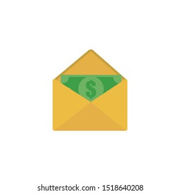 Open envelope containing green dollar banknotes on a white background. Vector illustration.
