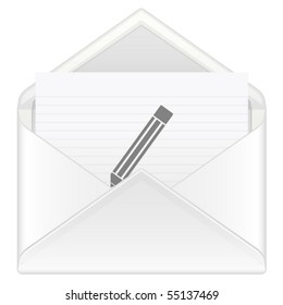 Open envelope containing pencil symbol on a white background. Vector illustration.
