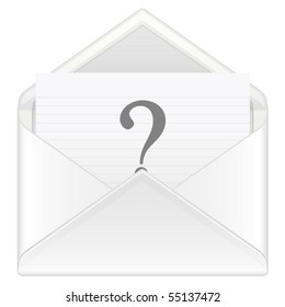 Open envelope containing question symbol on a white background. Vector illustration.