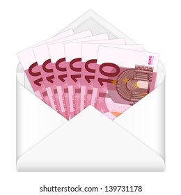Open envelope containing ten euro banknotes on a white background. Vector illustration.