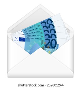 Open envelope containing twenty euro banknotes on a white background. Vector illustration.