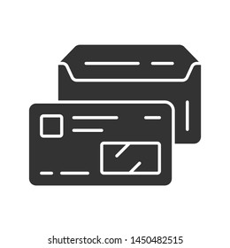 Open envelope and credit card glyph icon. Driver licence, id silhouette symbol. Negative space company employee, worker attribute. Mail receiving, corporate pass vector isolated illustration
