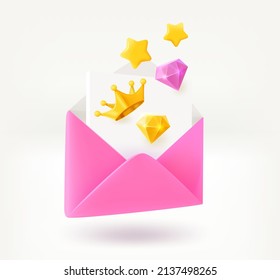 Open envelope with crown, gems and golden stars. 3d vector illustration