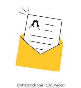 Open envelope with a CV from a woman - with a female profile inside. Job search, employment concept, sending curriculum vitae. Outline vector illustration on white.