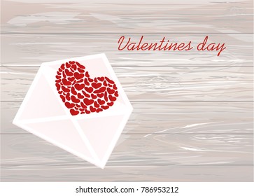 Open envelope with departing red heart. Valentine's Day. Love inside. Vector illustration on pink background. Greeting card on wooden background.