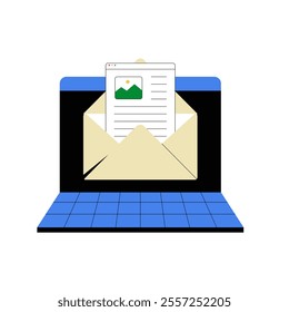 Open Envelope With Document Displayed On Laptop Screen In Flat Vector Illustration Symbolizing Digital Communication, Remote Work, And Messaging, Isolated On White Background