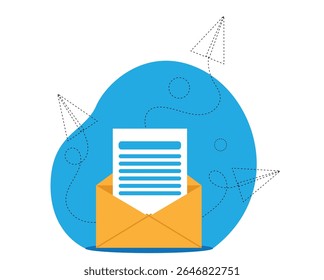 Open Envelope with Document and Line Art Paper Planes. Business development direction and vision concept vector art