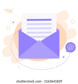 Open envelope with a document. New letter. Email marketing. Mail flat icon. Vector illustration