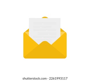 Abrir sobre con un documento. Nuevo diseño de logotipo de letras. Sobre abierto con papel de nota. Documento adjunto en un sobre. Entrega de correspondencia o documentos de oficina diseño e ilustración vectoriales.