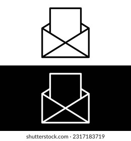 Open envelope with document outline icon on white and black background