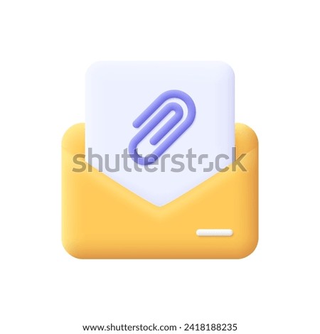 Open envelope with document and paper clip. Post, correspondence concept. 3d vector icon. Cartoon minimal style.