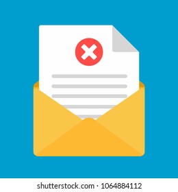 Open envelope with document paper sheet  page check mark cross text icon sign vector illustration. Symbol of email confirmation, delivery, failure flat design concept isolated on blue background.